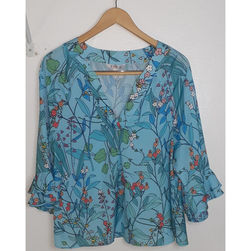 Nanette Lepore Blue Floral Print Blouse Top L